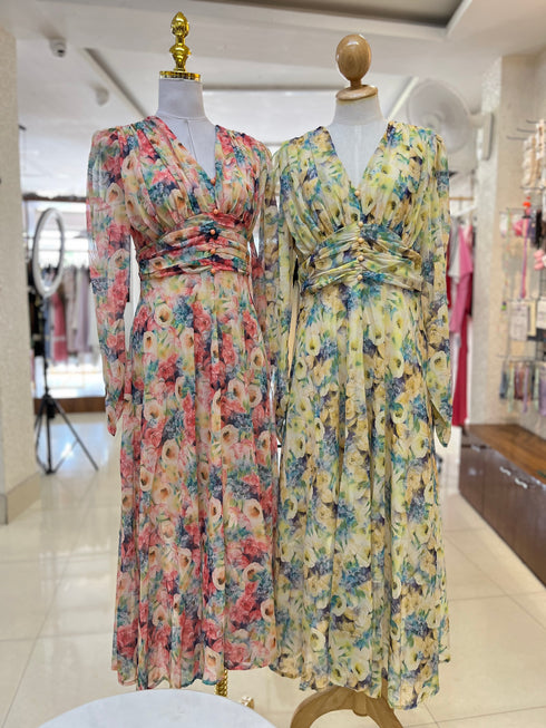 V-neck Long Sleeves Floral Dresses